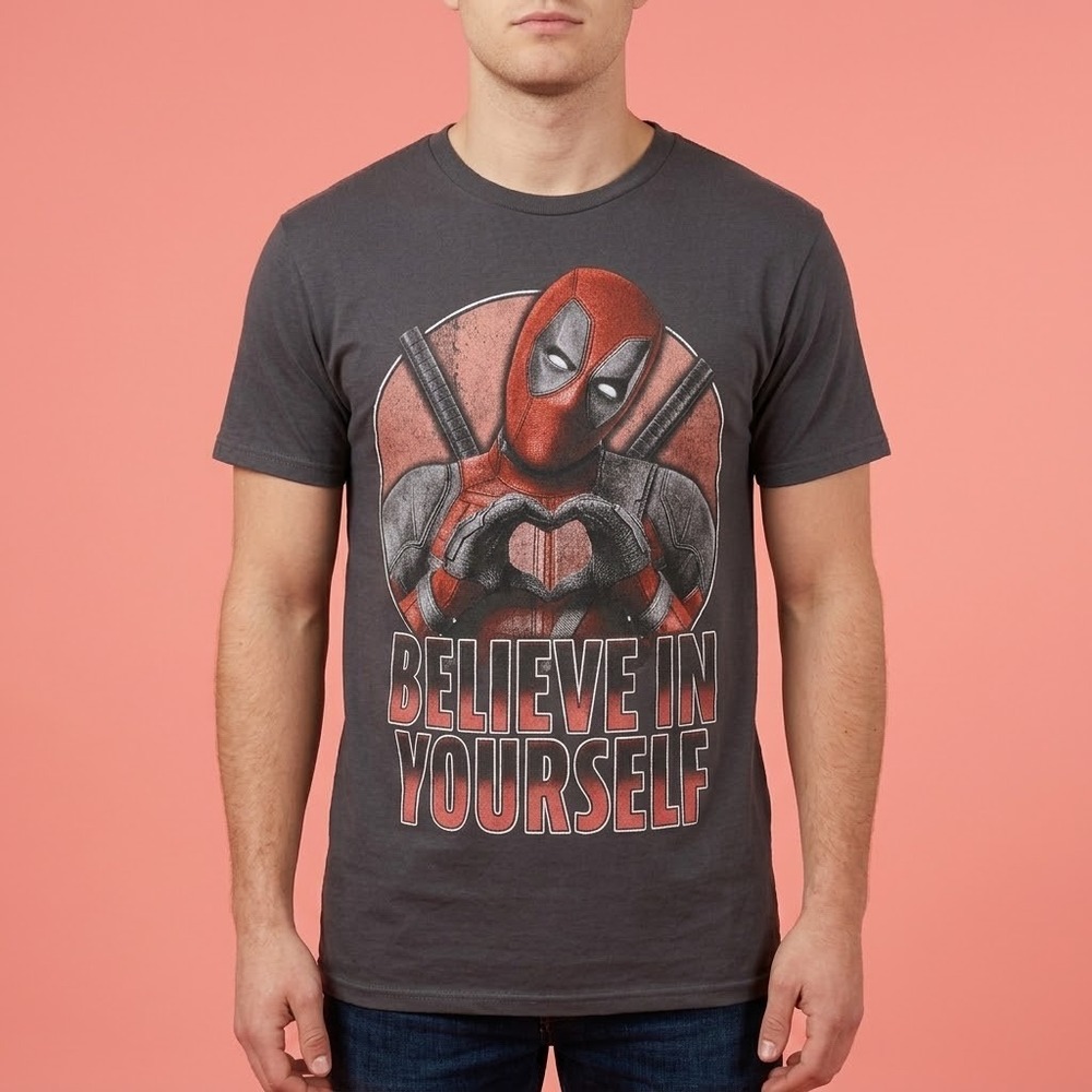 Marvel Mad Engine Deadpool Believe In Yourself T Shirt Size Small Grey EUC